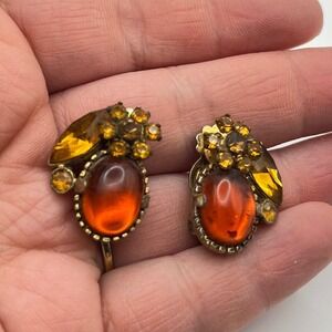 Vintage Amber Orange Rhinestone Cabochon Clip On Earrings Gold Tone Floral Retro